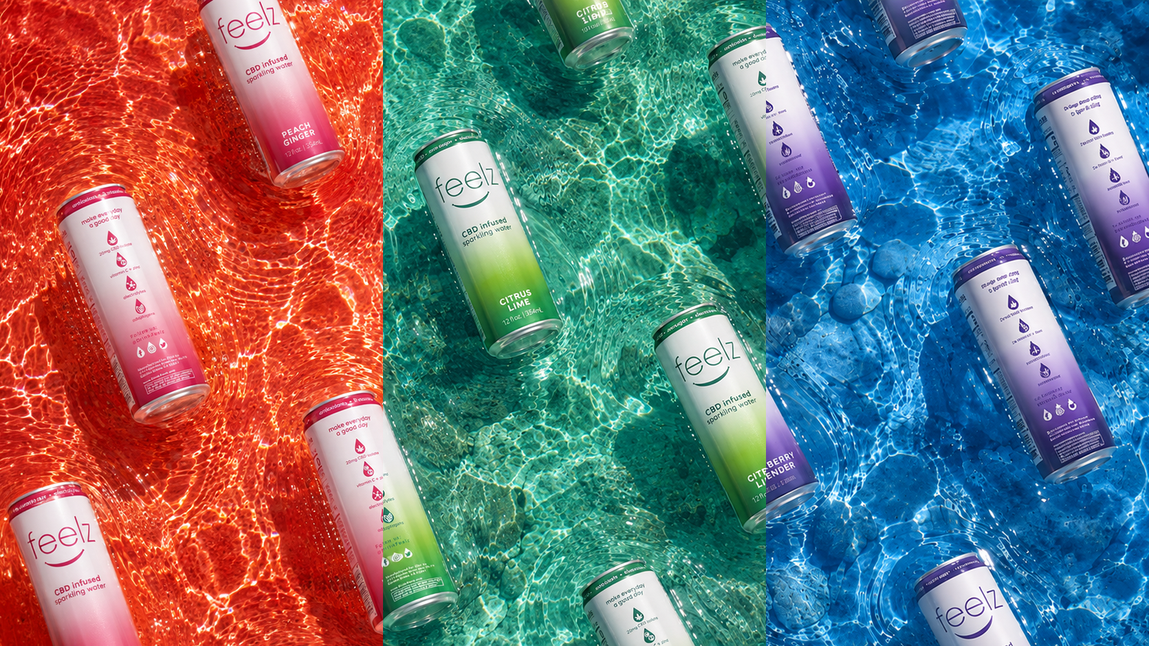 Feelz CBD Enhanced Sparkling Water colorful packaging and brand materials